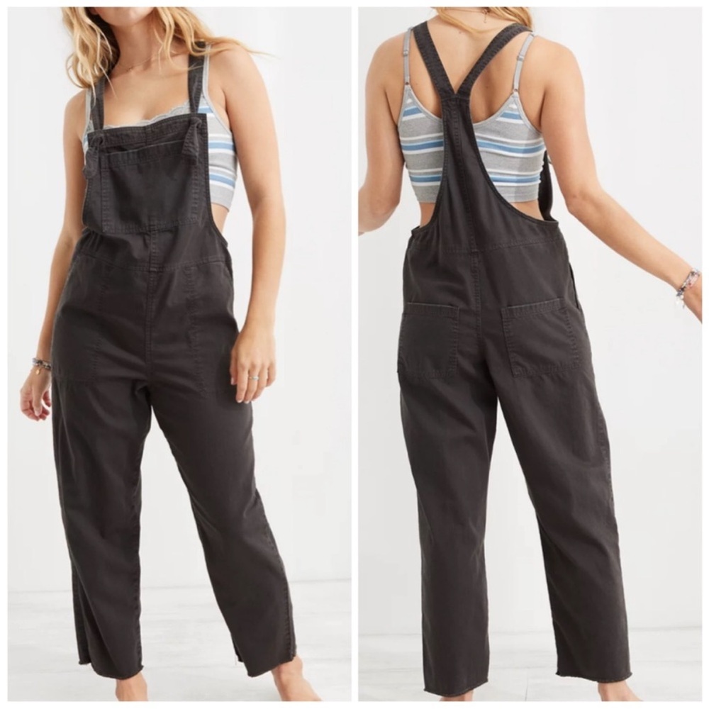 aerie Black Washed Cotton Overalls